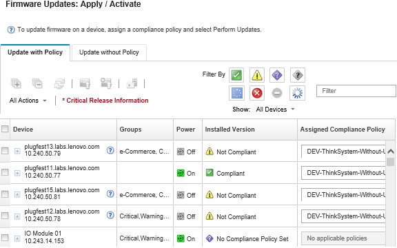 Illustrates the Firmware Updates: Apply/Activate page with a list of managed devices and identifies the assigned compliance policy and policy compliance for each managed device and device.