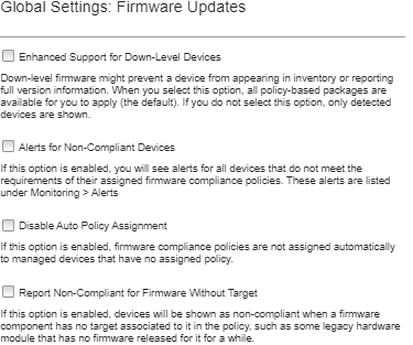 Illustrates the Firmware Updates: Apply/Activate page with a list of managed devices and identifies the assigned compliance policy and policy compliance for each managed device and device.
