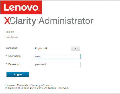 Illustrates the initial log-in page for Lenovo XClarity Administrator.