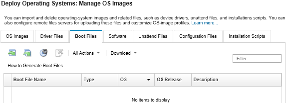 Illustrates the Manage OS Images page with a list of WinPE boot files that have been imported to the OS images repository.
