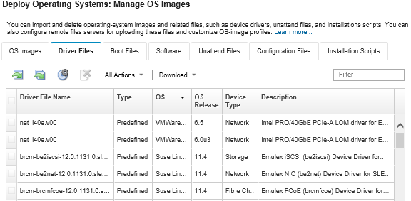Illustrates the Manage OS Images page with a list of device drivers that have been imported to the OS images repository.