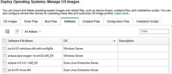 Illustrates the Manage OS Images page with a list of software packages that have been imported to the OS images repository.