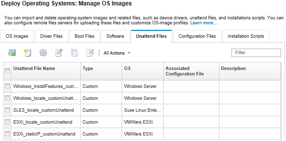 Illustrates the Manage OS Images page with a list of unattend files that have been imported to the OS images repository.