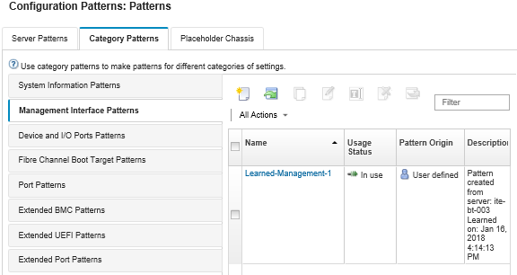 Illustrates the list of customized management interface patterns on the Configuration Patterns: Category Patterns page.