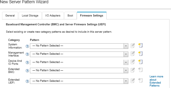 Illustrates the firmware settings options in the New Server Pattern Wizard.