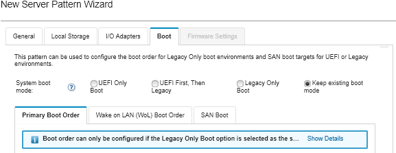 Screen capture showing the SAN boot options in the New Server Pattern Wizard.