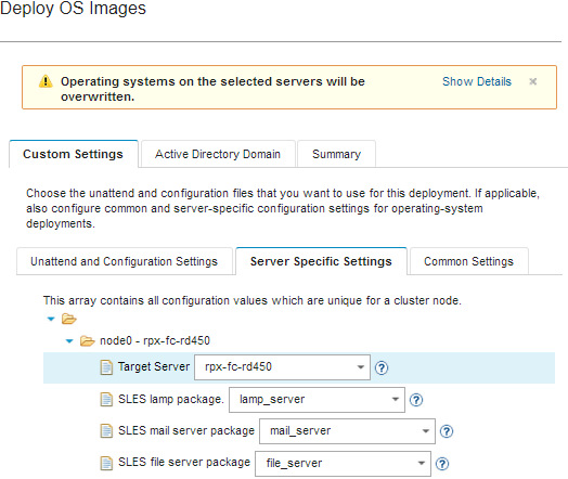 Illustrates the Deploy OS Images dialog for selecting the server-specific settings.