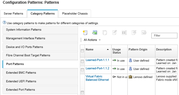 Illustrates the list of customized ports patterns on the Configuration Patterns: Category Patterns page.