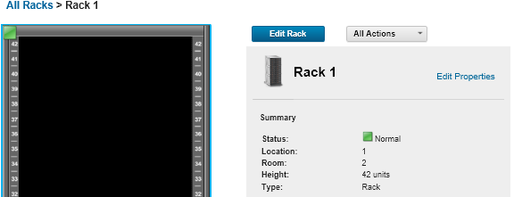 Illustrates an graphical view of an empty rack in the Rack View page.