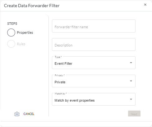 Illustrates Add Data Forwarder Filters dialog