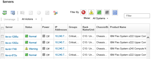 Illustrates the list of managed rack servers and compute nodes in the Servers page.