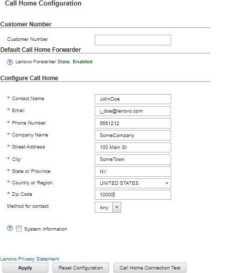 Illustrates the Call Home configuration information on the Service and Support page.