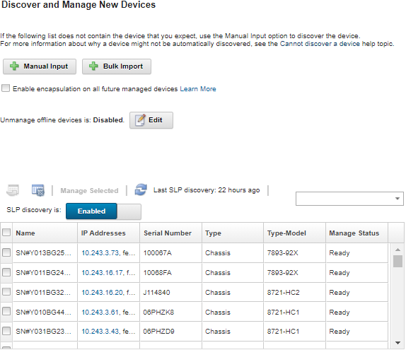 Illustrates a list of manageable systems on the Discover and Manage page that were found by probing the IP subnet.