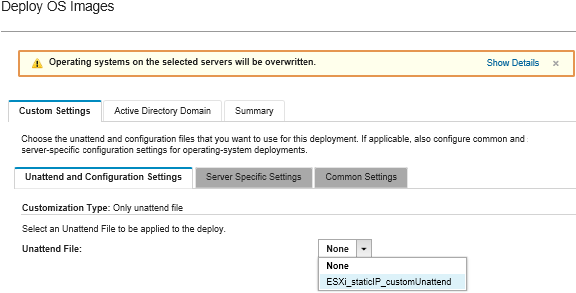 Illustrates the Unattend and Configuration Settings tab for deploying ESXi.