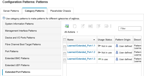 Illustrates the list of customized ports patterns on the Configuration Patterns: Category Patterns page.
