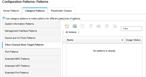Illustrates the list of customized Fibre Channel boot target patterns on the Configuration Patterns: Category Patterns page.