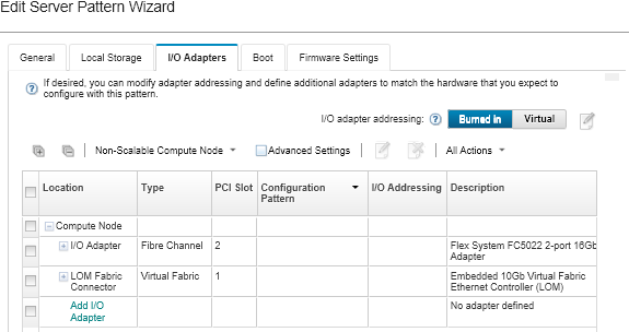 Screen capture showing the I/O adapters page with Ethernet and Fibre Channel adapters specified.