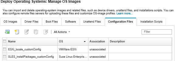 Illustrates the Manage OS Images page with a list of configuration-settngs files that have been imported to the OS images repository.