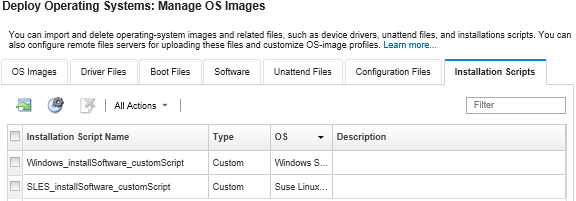 Illustrates the Manage OS Images page with a list of installation scripts that have been imported to the OS images repository.