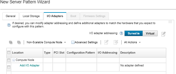 Illustrates the I/O adapters options in the New Server Pattern Wizard.