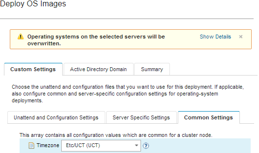 Illustrates the Deploy OS Images dialog for selecting the custom settings.