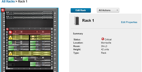 Illustrates an graphical view of a filled rack in the Rack View page.
