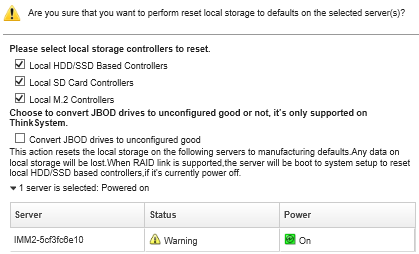 Screen capture showing the dialog requesting additional information about resetting local storage to defaults.