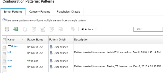 Illustrates the list of customized server patterns on the Configuration Patterns: Patterns page.