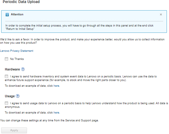 Illustrates a Service and Support page during initial setup.