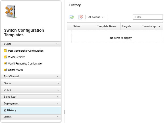 Screen capture that shows the switch configuration History page.