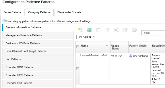 Illustrates the list of customized system information patterns on the Configuration Pattern: Category Patterns page.