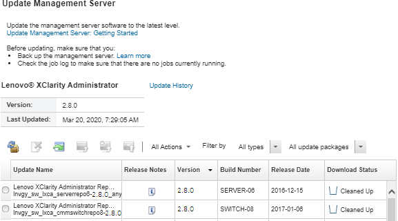 Illustrates the Update Management Server page with a list of imported updates.