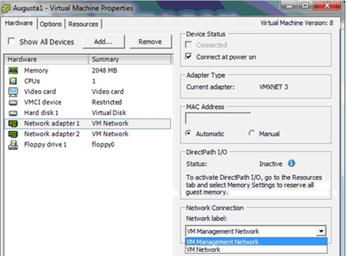 Screen capture showing the association with network adapter 1 and the Network label defined previously.