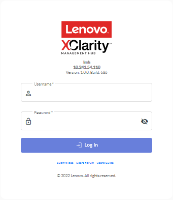 Illustrates the initial log-in page for Lenovo XClarity Management Hub.