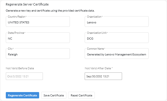 Regenerate Server Certificate card